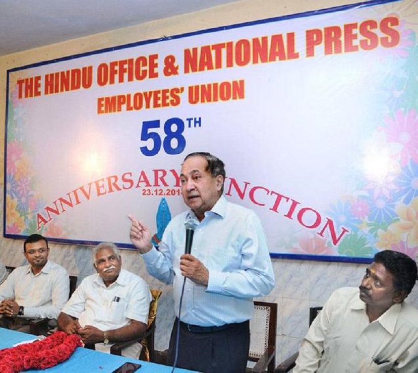N. Ram, Chairman, Kasturi &Sons Limited addressing at The Hindu Office & National Press Employees Union 58th Anniversary Function on Tuesday. From left, Rajiv C. Loachan, MD & CEO, Kasturi & Sons Limited , E. Gopal, President, Hindu Office National Press Employees Union and M. Kamalnathan, Union General Secretary are in the picture. Photo: R. Ragu