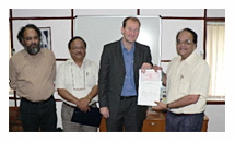 On the picture from left to right: K. Ravi Kanth, Director EMPC, U.S. Tolia, Registrar IGNOU, Harko Aris M Sc, Manager Marketing & Media partners Radio Netherlands Worldwide , Prof V.N. Rajasekharan Pillai, Vice Chancellor IGNOU, Chairman Distance Education Council