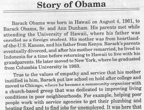 यह पन्ना इस वेबसाइट से http://www.keepandshare.com/htm/biographies/barack_obama/C01_barack-obama-biography.php कॉपी किया गया है. किताब