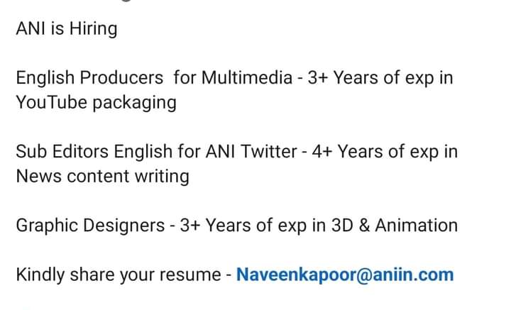 ani@jobs | No. 1 Indian Media News Portal