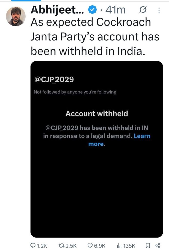 4f4d2482-345f-48d0-9fb7-cbb117d1a005 | No. 1 Indian Media News Portal Tweet by Abhijeet claiming 'As expected Cockroach Janta Party’s account has been withheld in India.' with a dark screenshot showing '@CJP_2029' and a message 'Account withheld' (Learn more).