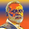 Pop-art style portrait of an older man with gray beard and glasses, wearing a vest, against an orange-blue gradient background.