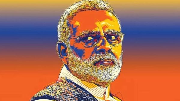 Pop-art style portrait of an older man with gray beard and glasses, wearing a vest, against an orange-blue gradient background.