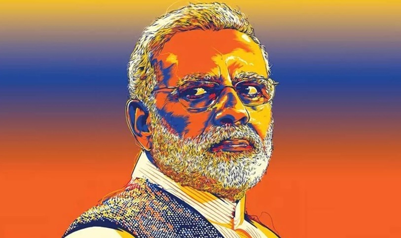 Pop-art style portrait of an older man with gray beard and glasses, wearing a vest, against an orange-blue gradient background.