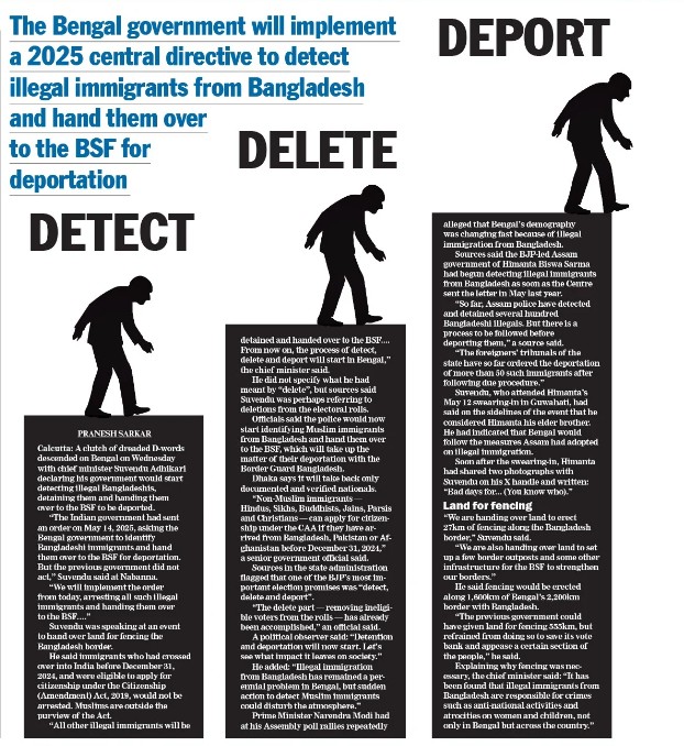 Screenshot 2026-05-21 142708 | No. 1 Indian Media News Portal Infographic-style poster arguing that the Bengal government will implement a 2025 directive to detect illegal immigrants from Bangladesh and hand them over to the BSF for deportation. It features bold words like DETECT, DELETE, DEPORT with silhouettes of a walking man and blocks of small text outlining alleged steps and consequences.