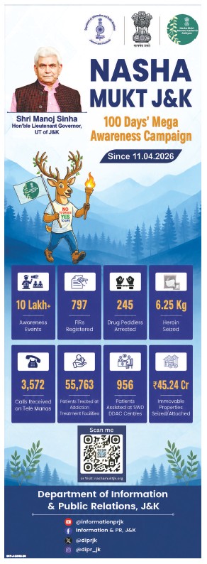 Screenshot 2026-05-22 160408 | No. 1 Indian Media News Portal Poster for NASHA MUKT J&K 100 Days Mega Awareness Campaign with official logos, a man, and a deer holding a torch; highlights campaign stats and a QR code for more information (Department of Information & Public Relations, J&K).