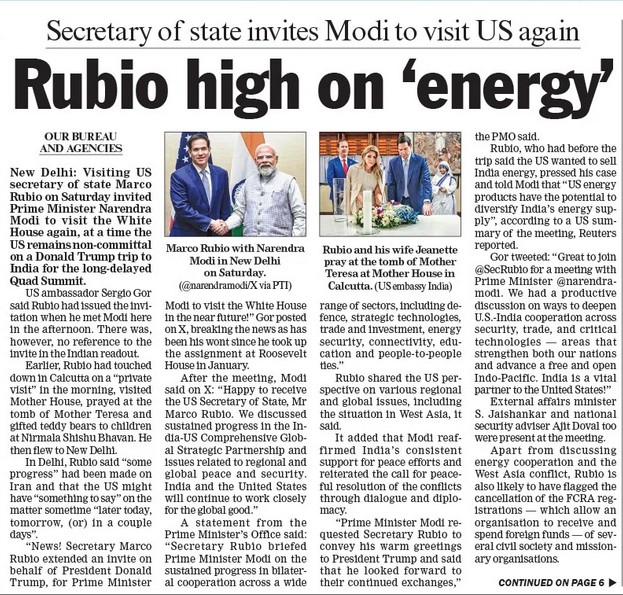Front-page newspaper with a large headline 'Rubio high on energy' and small photos of political figures beneath it, plus a smaller subhead.