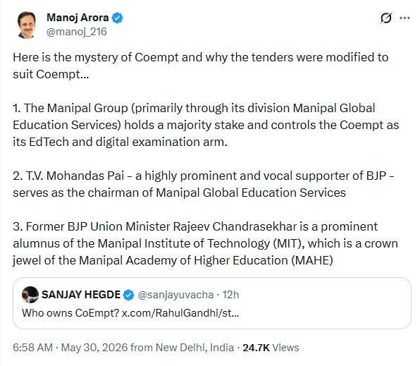 Screenshot 2026-05-30 101026 | No. 1 Indian Media News Portal Screenshot of Manoj Arora's tweet about Coempt’s mystery and three points: Manipal Group controls Coempt's EdTech arm; T.V. Mohandas Pai; Rajeev Chandrasekhar; mentions a Sanjay Hegde tweet below.