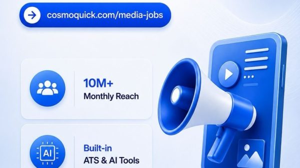 Promotional banner advertising media talent recruitment starting at ₹99 with a call to action to visit cosmoquick.com/media-jobs.