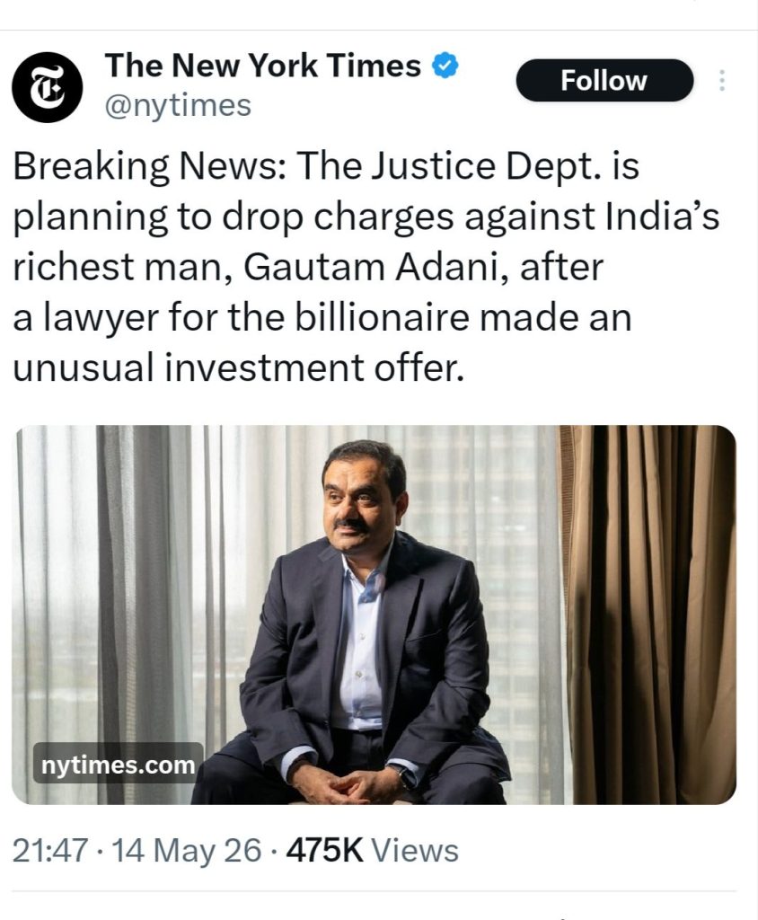 adani_nyt | No. 1 Indian Media News Portal Screenshot of a NYTimes breaking-news tweet with a man in a dark suit seated by a window.