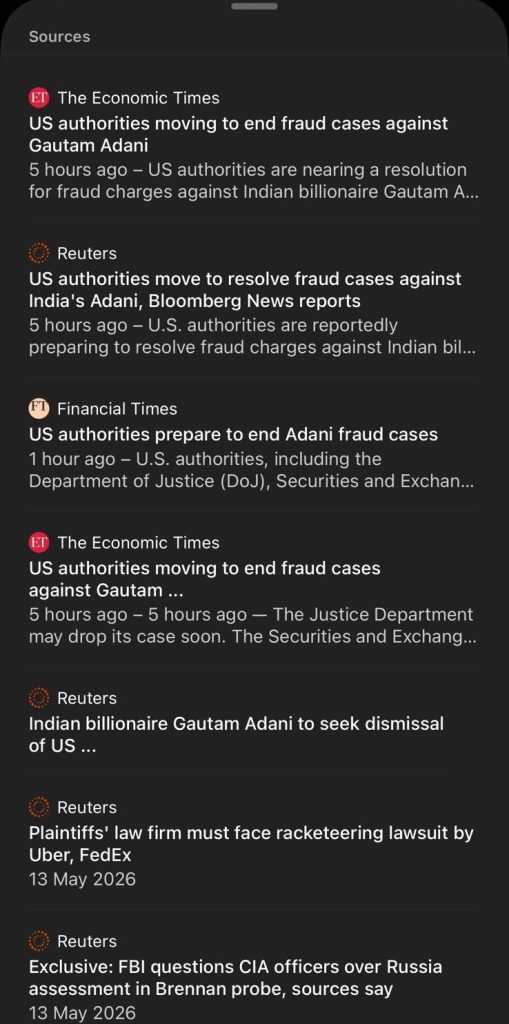 adani_reuters | No. 1 Indian Media News Portal List of news headlines from The Economic Times, Reuters, and Financial Times about US authorities and Gautam Adani (dark app UI).