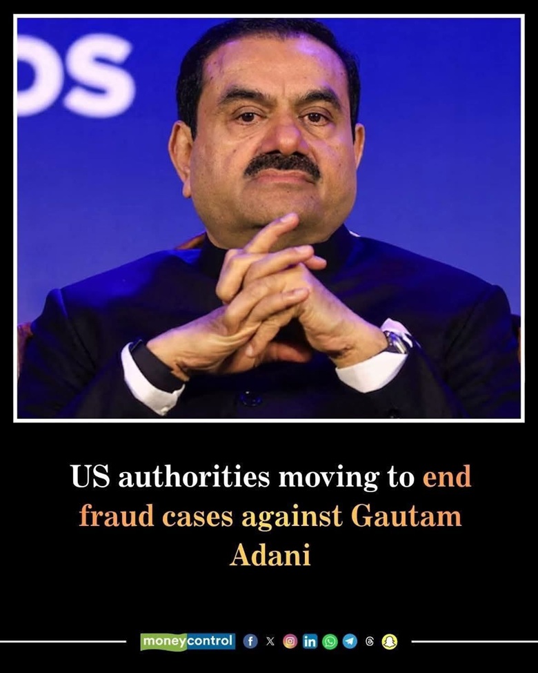 Close-up of a man in a dark suit, hands clasped, with a meme caption about US authorities ending fraud cases against a business figure (no name shown).