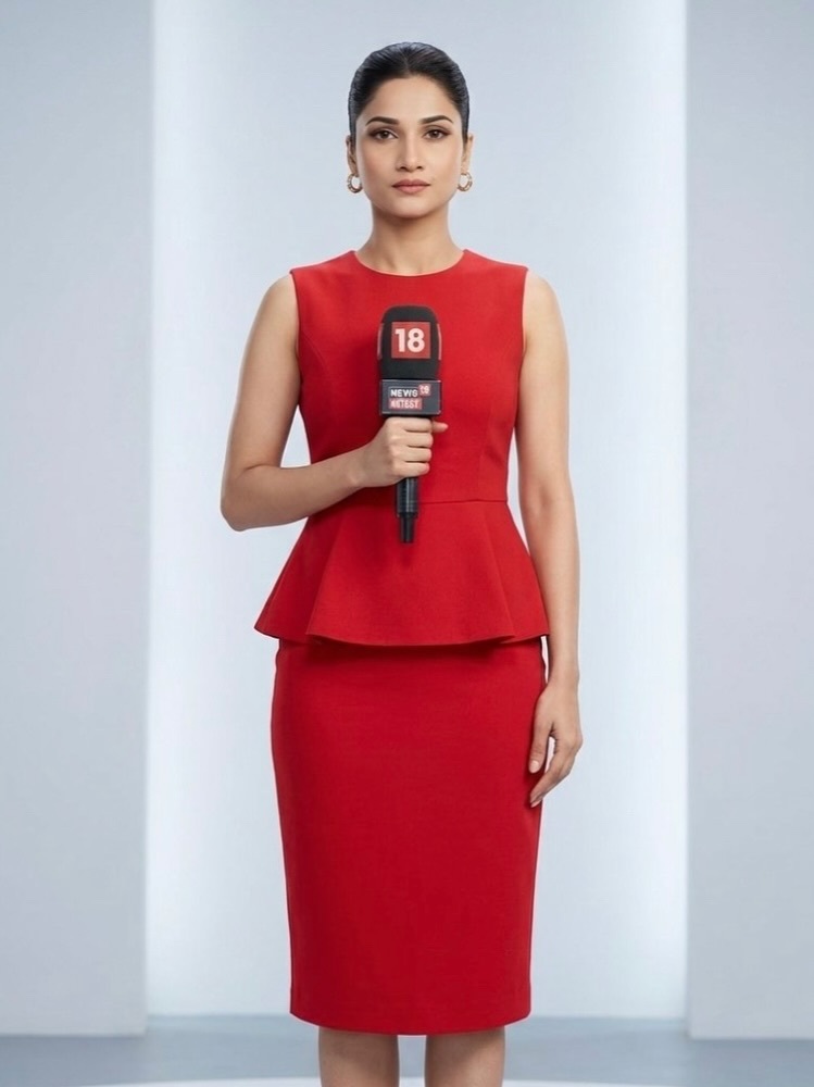 Female news presenter in a red sleeveless dress holding a microphone labeled 18 in a studio.