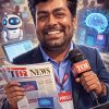 Smiling reporter in a suit holds a TOI News newspaper and a microphone in a busy newsroom with a robot and a glowing brain hologram nearby.