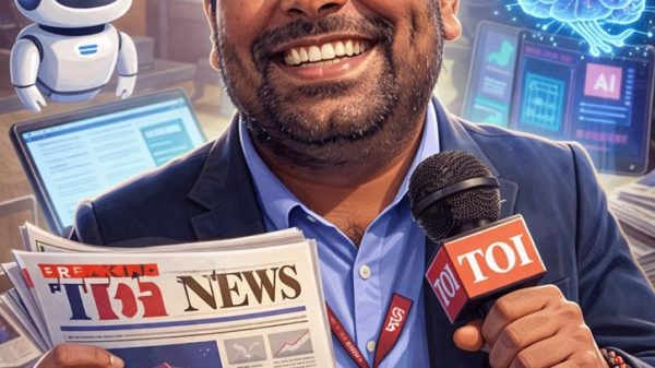 Smiling reporter in a suit holds a TOI News newspaper and a microphone in a busy newsroom with a robot and a glowing brain hologram nearby.