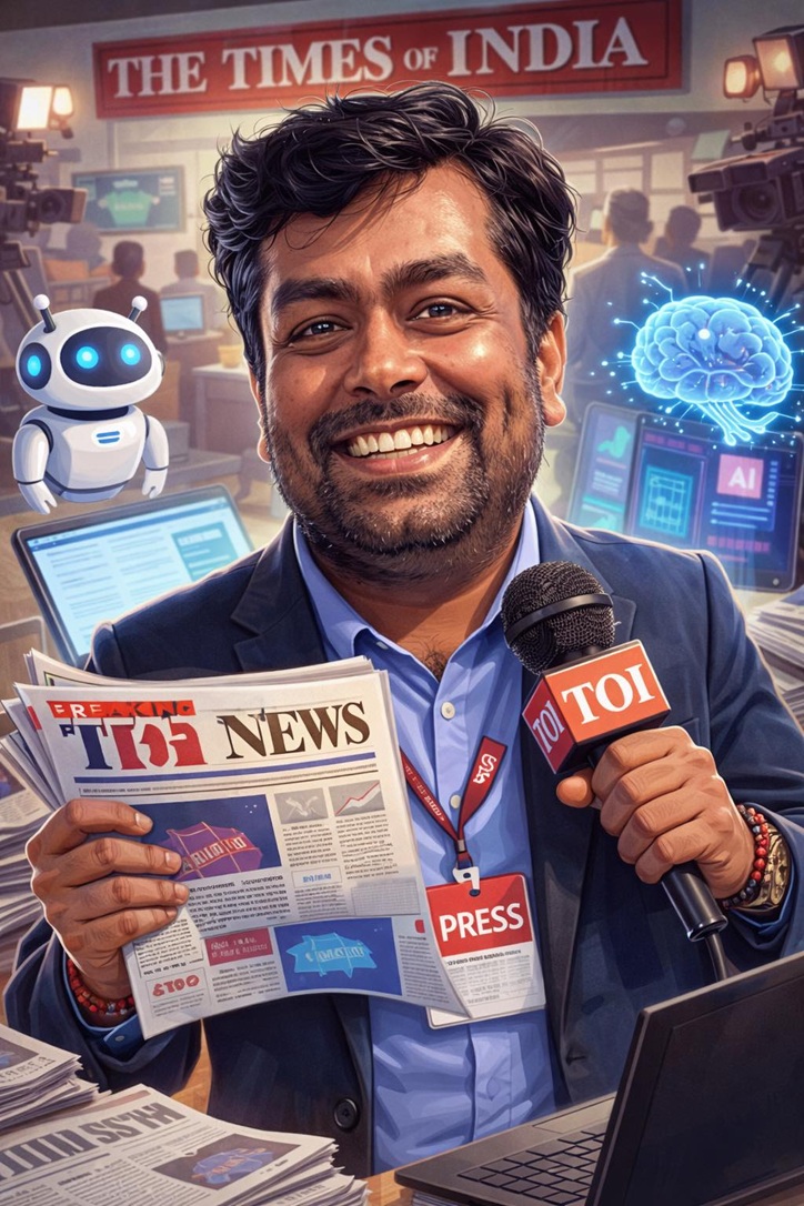 Smiling reporter in a suit holds a TOI News newspaper and a microphone in a busy newsroom with a robot and a glowing brain hologram nearby.