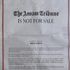Front page of The Assam Tribune with a bold 'IS NOT FOR SALE' headline and a disclaimer text block below the masthead.