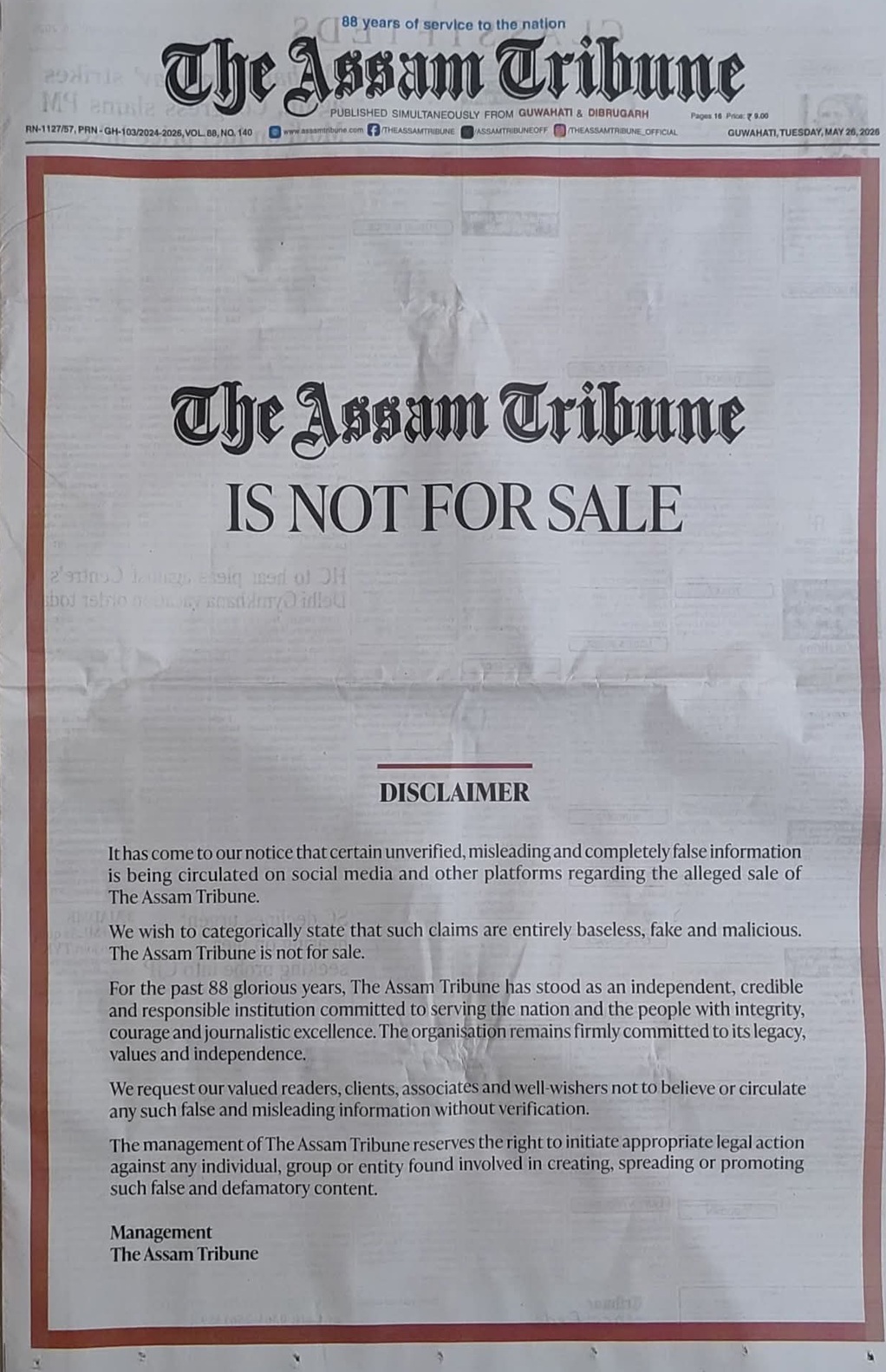 Front page of The Assam Tribune with a bold 'IS NOT FOR SALE' headline and a disclaimer text block below the masthead.