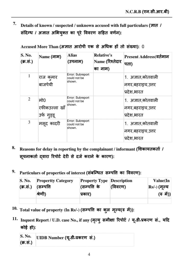 bahraich_fir_1 | No. 1 Indian Media News Portal Page from an NCRB form showing sections 7–11: a table of accused details with columns for serial number, name, alias, relative’s name, present address, and notes; sections for reasons for delay, property details, total property value, and UIDB/U.D. case number; sample rows show Hindi names and placeholder 'Error: Subreport could not be shown.'