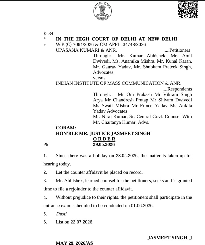 dhc_urdu | No. 1 Indian Media News Portal Front page of a Delhi High Court case document with seal and QR code, header reads 'IN THE HIGH COURT OF DELHI AT NEW DELHI', listing petitioners and respondents and the date 29.05.2026.