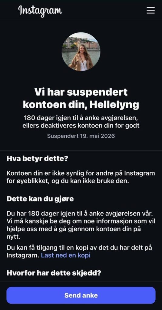 helle insta | No. 1 Indian Media News Portal Instagram-skjerm som varsler at kontoen til Hellelyng er suspendert i 180 dager, med profilbilde øverst og datoen Suspended 19. mai 2026