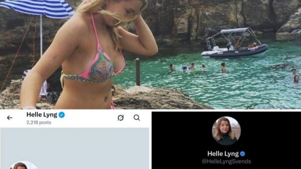 Collage of a woman in a pink bikini on a rocky beach with turquoise water and a boat in the background, plus two social media profile screenshots below.