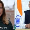 Split-screen showing a BBC News Hindi reporter on the left and Indian Prime Minister Narendra Modi delivering a speech on the right.