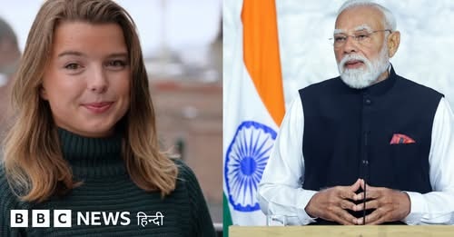 Split-screen showing a BBC News Hindi reporter on the left and Indian Prime Minister Narendra Modi delivering a speech on the right.