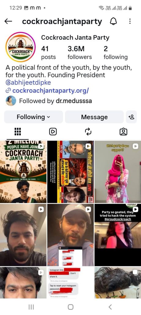 Instagram profile page for Cockroach Janta Party with circular logo avatar, username, follower counts (41 posts, 3.6M followers, 2 following), and a short bio showing a link and founder info.