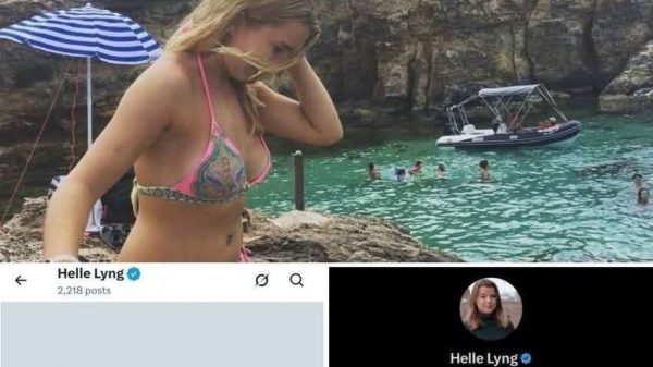 Woman in a pink bikini on a rocky beach with turquoise water, a striped umbrella in the background, plus two screenshots of a social media profile collage.