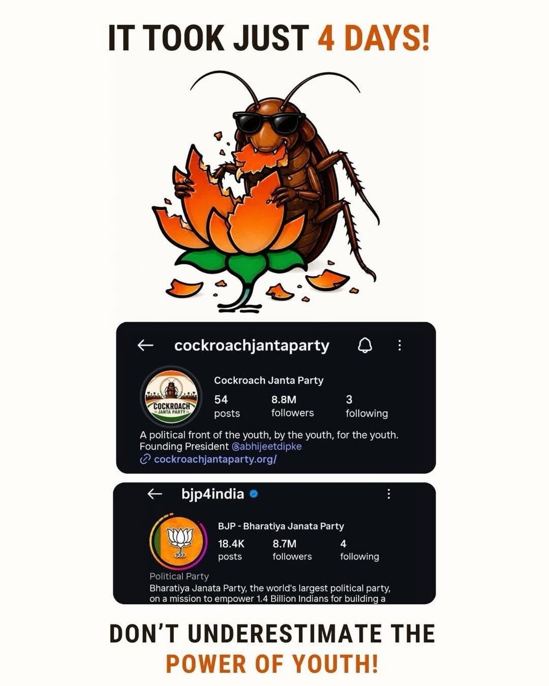 Illustration of a cockroach breaking a flower with sunglasses above, and screenshots of two political party profiles below, captioned about youth power.