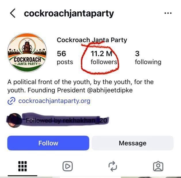 Instagram profile for 'Cockroach Janta Party' showing logo, name, and 11.2M followers circled, with bio text and website link accessibly implied by profile header.