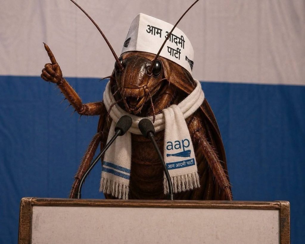 img_8443 | No. 1 Indian Media News Portal Cockroach at a podium wearing an AAP scarf and a paper hat, speaking into two microphones, as if giving a political speech.