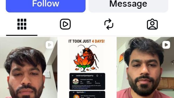 Instagram profile for Cockroach Janta Party, a youth-led political group; shows round logo, follower count, bio, and post grid.