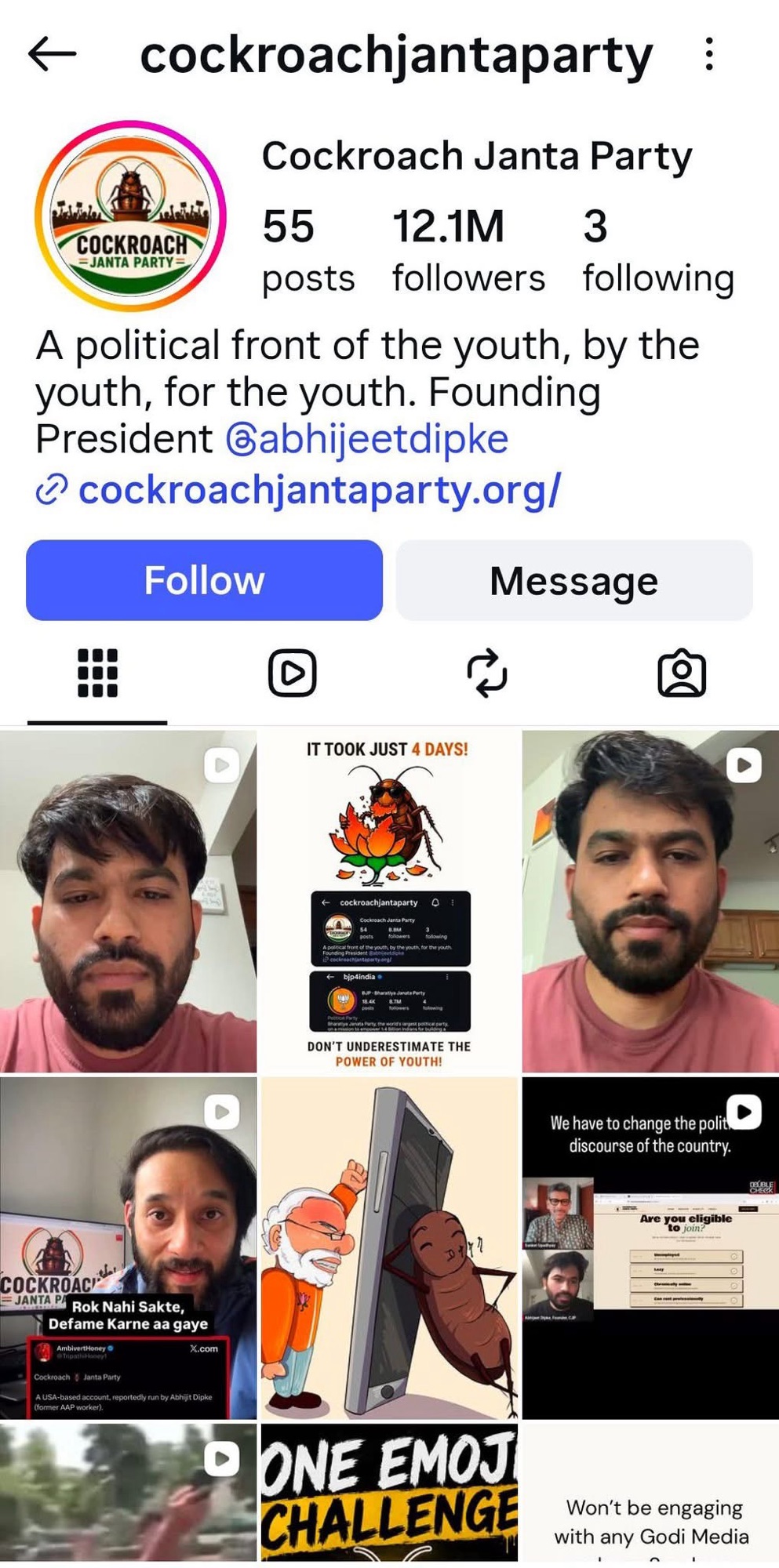 Instagram profile for Cockroach Janta Party, a youth-led political group; shows round logo, follower count, bio, and post grid.