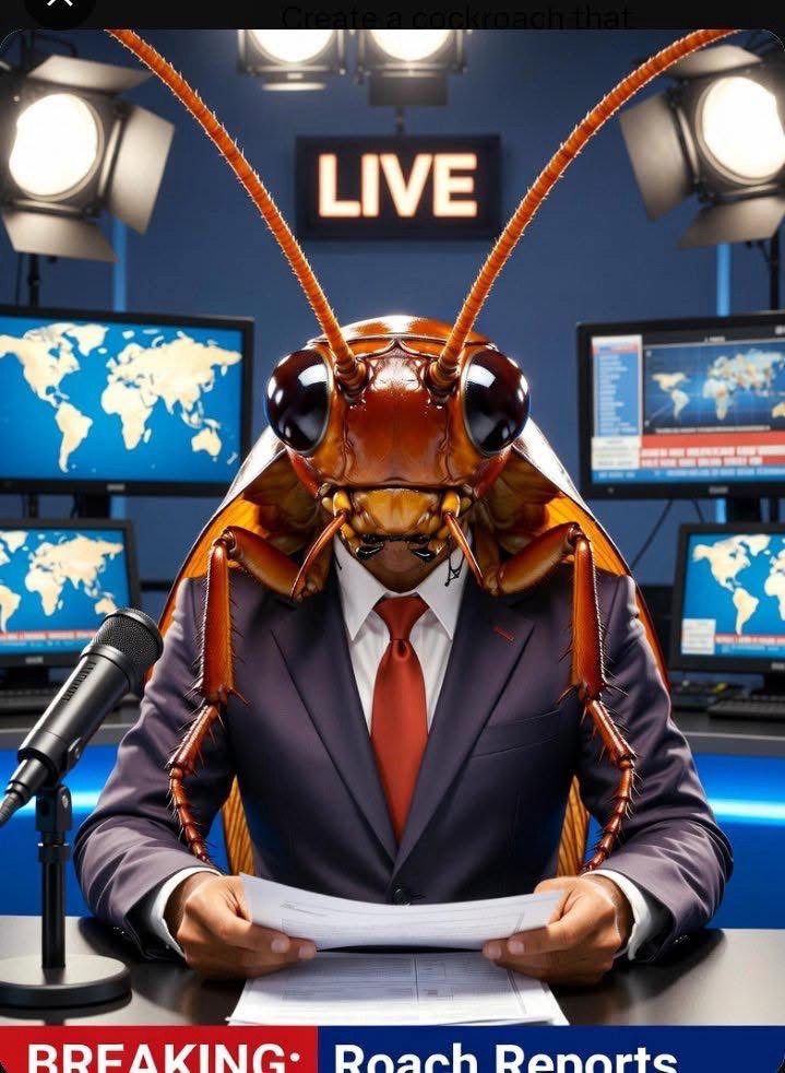 img_8448 | No. 1 Indian Media News Portal Anthropomorphic lobster in a suit and red tie sits at a news desk, reading papers, with a microphone in front and monitors showing world maps behind; a bright 'LIVE' sign above.
