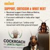 Slide with bold orange title 'SUPPORT, CRITICISM & WHAT NEXT' and bullet points about political support; Cockroach JANTA PARTY logo, a suited speaker at a podium, and a large cockroach figure nearby.