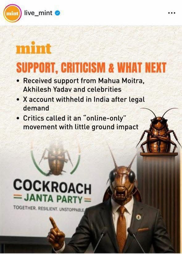 Slide with bold orange title 'SUPPORT, CRITICISM & WHAT NEXT' and bullet points about political support; Cockroach JANTA PARTY logo, a suited speaker at a podium, and a large cockroach figure nearby.