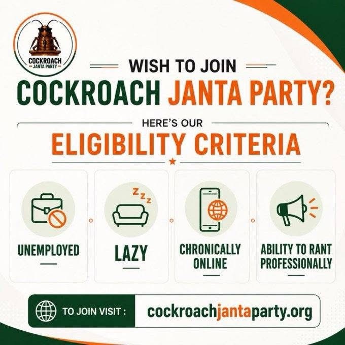 img_8472 | No. 1 Indian Media News Portal Poster announcing 'Cockroach Janta Party' with four criteria: Unemployed, Lazy, Chronically online, Ability to rant professionally; includes join URL cockroachjantaparty.org (informational)