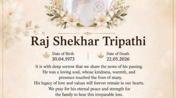 Memorial poster for Raj Shekhar Tripathi with his portrait framed by flowers, and birth/death dates plus a condolence message.