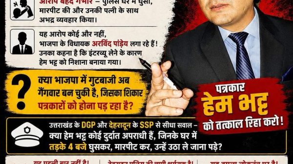 Hindi protest-style poster with a man in a suit on the right and bold red headlines; left side lists allegations and snippets of text in Hindi, criticizing a journalist and police actions.