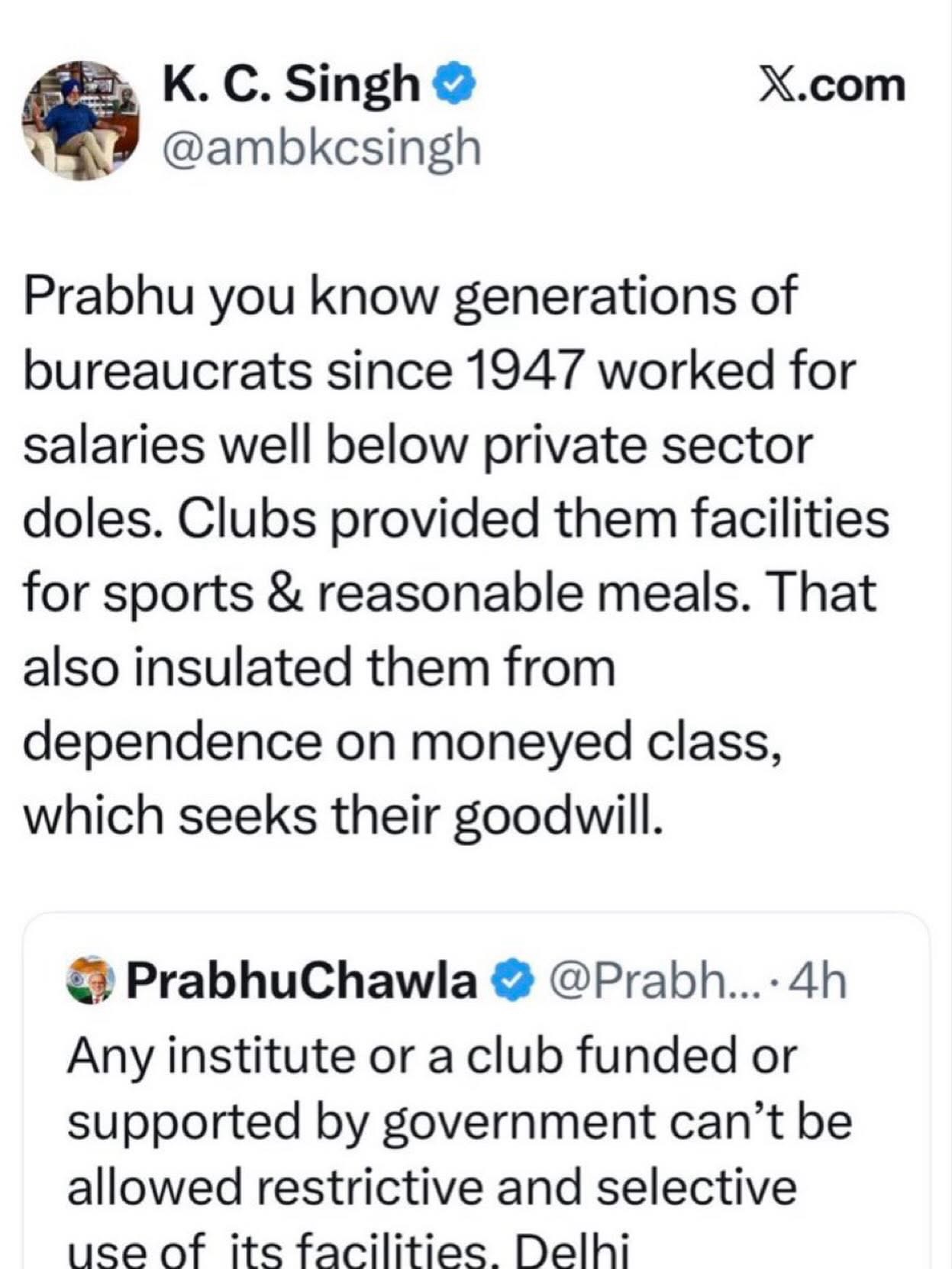 Screenshot of a social media post by K. C. Singh with a blue verification badge, containing a long quote about generations of bureaucrats since 1947 and their perks.