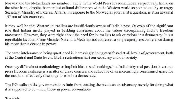 Formal press statement document from Editors Guild of India about intolerance toward media questions, with signatures at bottom.