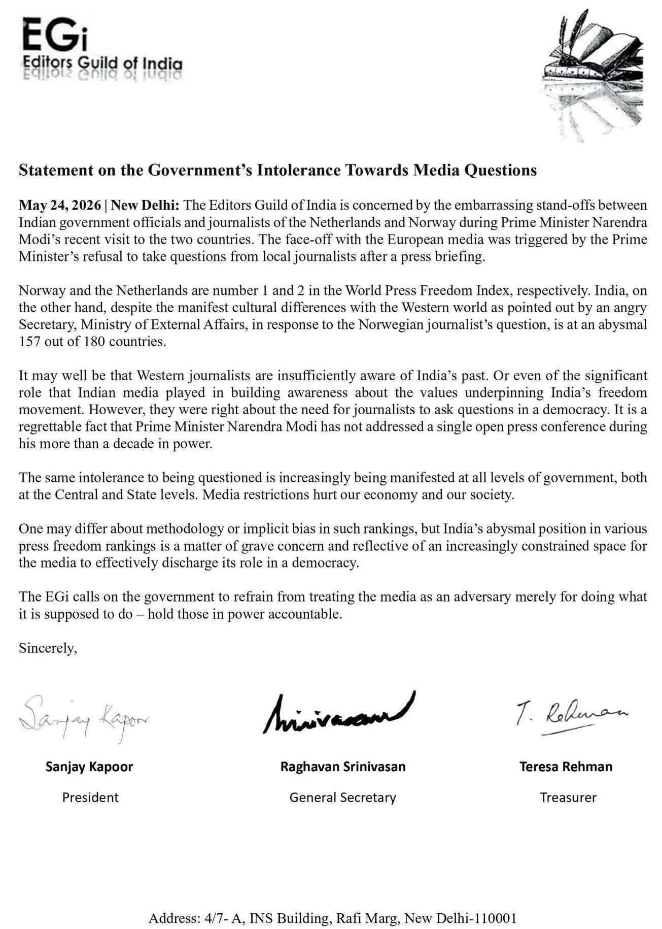 Formal press statement document from Editors Guild of India about intolerance toward media questions, with signatures at bottom.