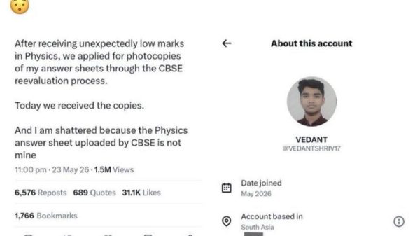 Tweet screenshot: Ashok Shrivastav's post about CBSE re-evaluation, with a left panel text complaint and a right panel showing the 'About this account' Vedant profile.