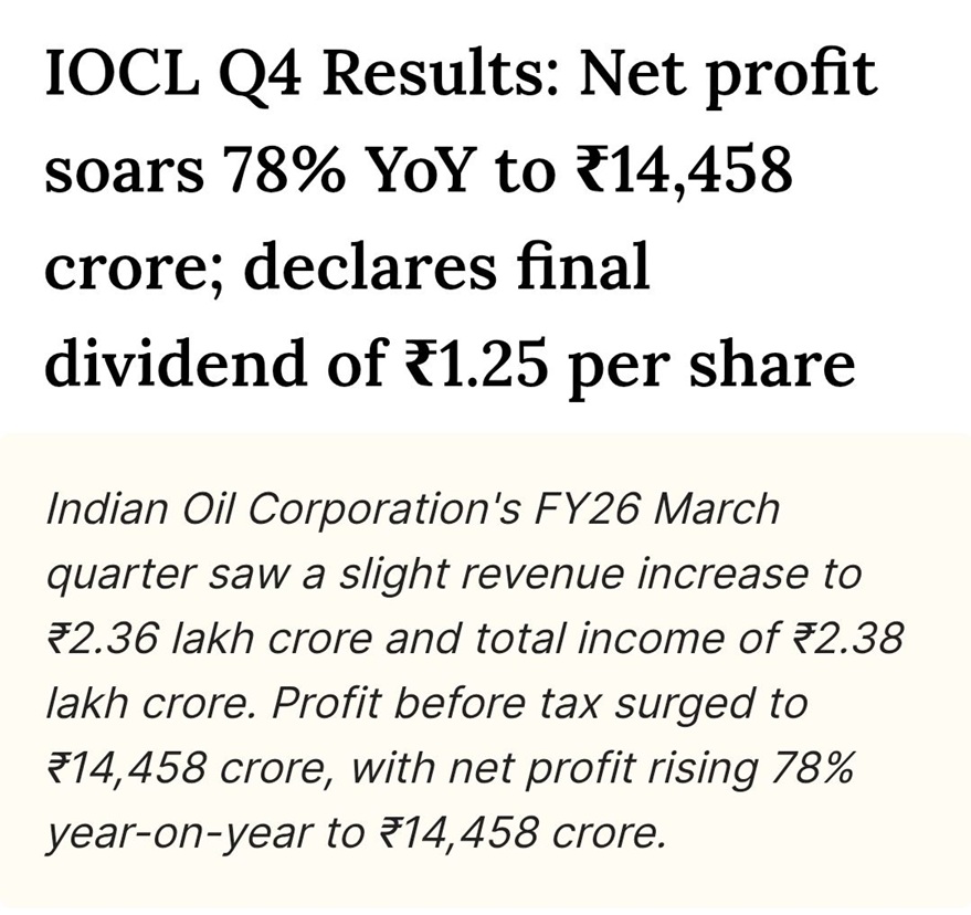 IOCL Q4 results: net profit up 78% YoY to ₹14,458 crore; final dividend ₹1.25 per share.