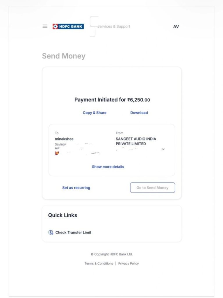 jantantra_hdfc | No. 1 Indian Media News Portal Send Money page showing a payment initiated for ₹6,250.00 with recipient and sender details and Copy/Share, Download actions.