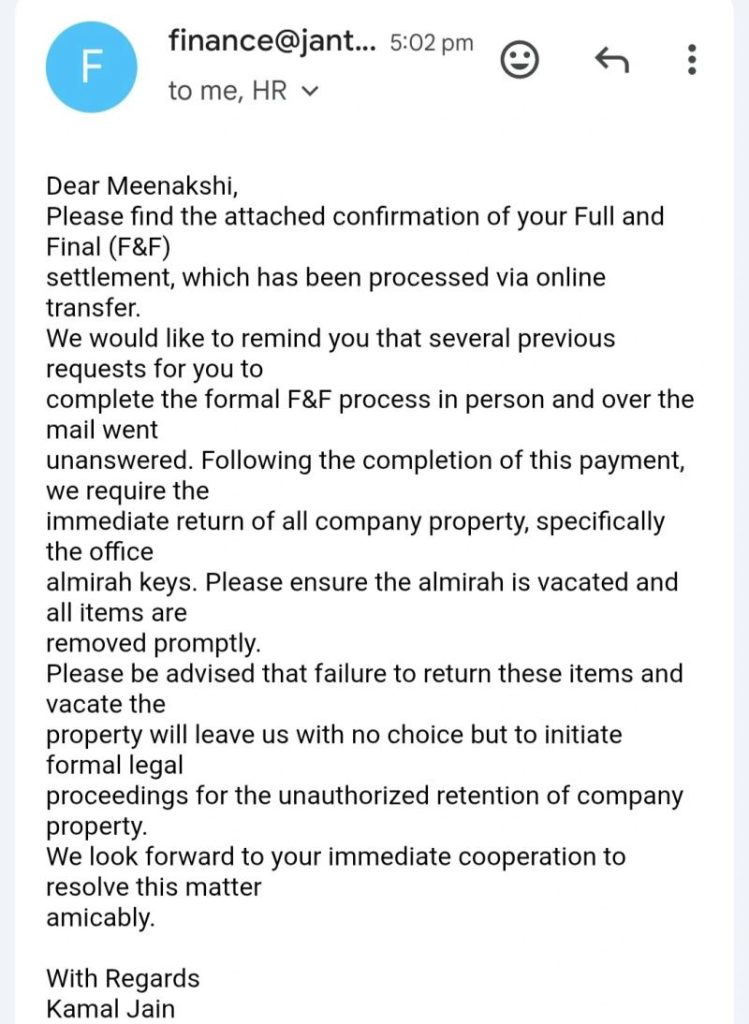 jantantra_tv | No. 1 Indian Media News Portal Screenshot of an email demanding the return of company property and vacating almirah keys after a settlement, threatening legal action.