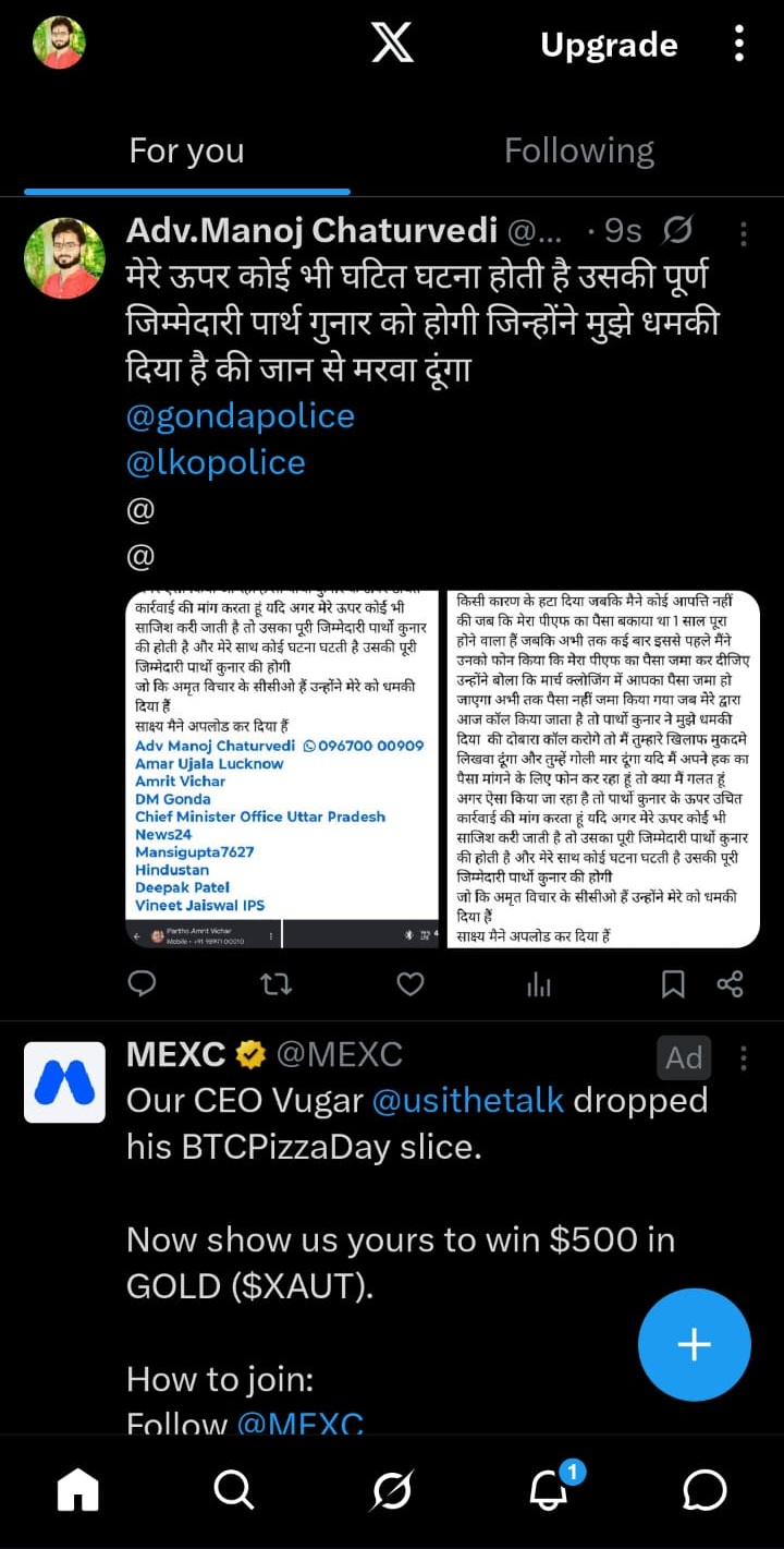 Dark-mode Twitter feed showing a Hindi tweet by Adv. Manoj Chaturvedi with two attached small text images and a profile photo on the left, plus a bottom banner ad.