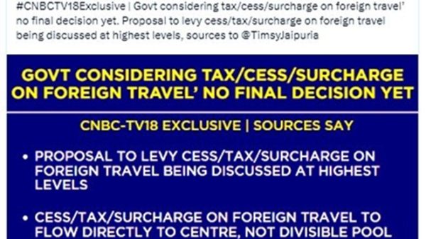 Screenshot of a tweet from a prominent Indian politician denying a claim, stating 'This is totally false' and 'not an iota of truth'. A linked CNBV image follows with a blue banner about tax on foreign travel.